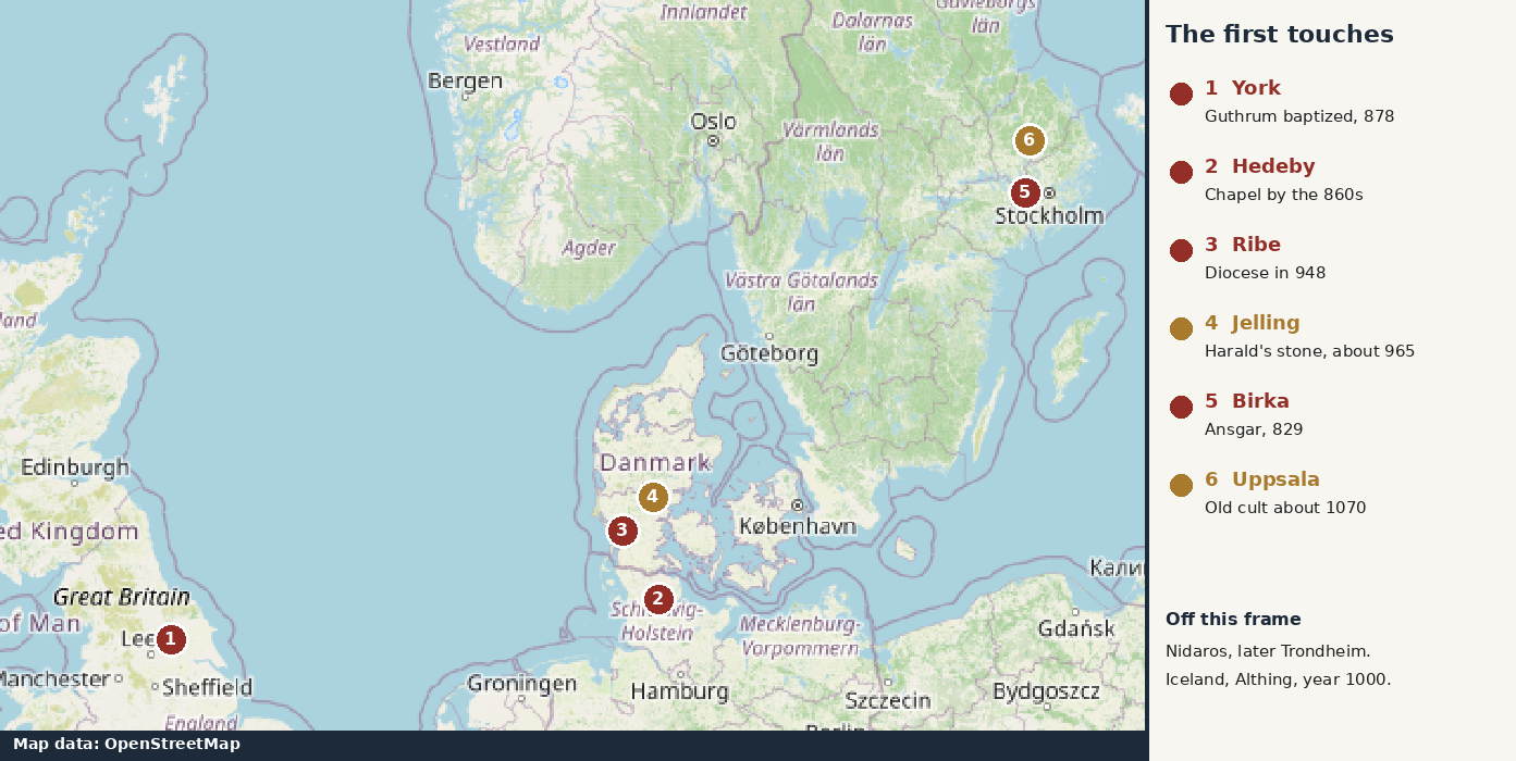 Map of the first touches. Red marks a mission or a baptism the neighbors wrote down. Gold marks a royal claim, or a place where the old cult was still public. York, Hedeby, Ribe, Jelling, Birka, and Uppsala. Nidaros and Iceland sit off the frame.